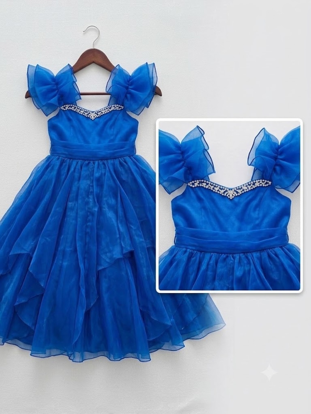 Joykids Royal Blue Organza Ruffle Dress - Beaded Rhinestone Neckline - Size 12